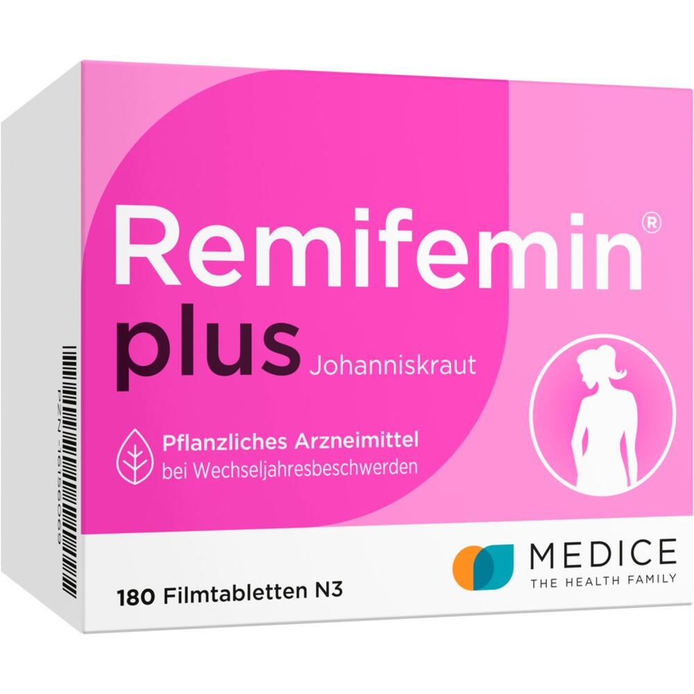 Rosa Verpackung von Remifemin plus, ein pflanzliches Mittel gegen Wechseljahresbeschwerden.