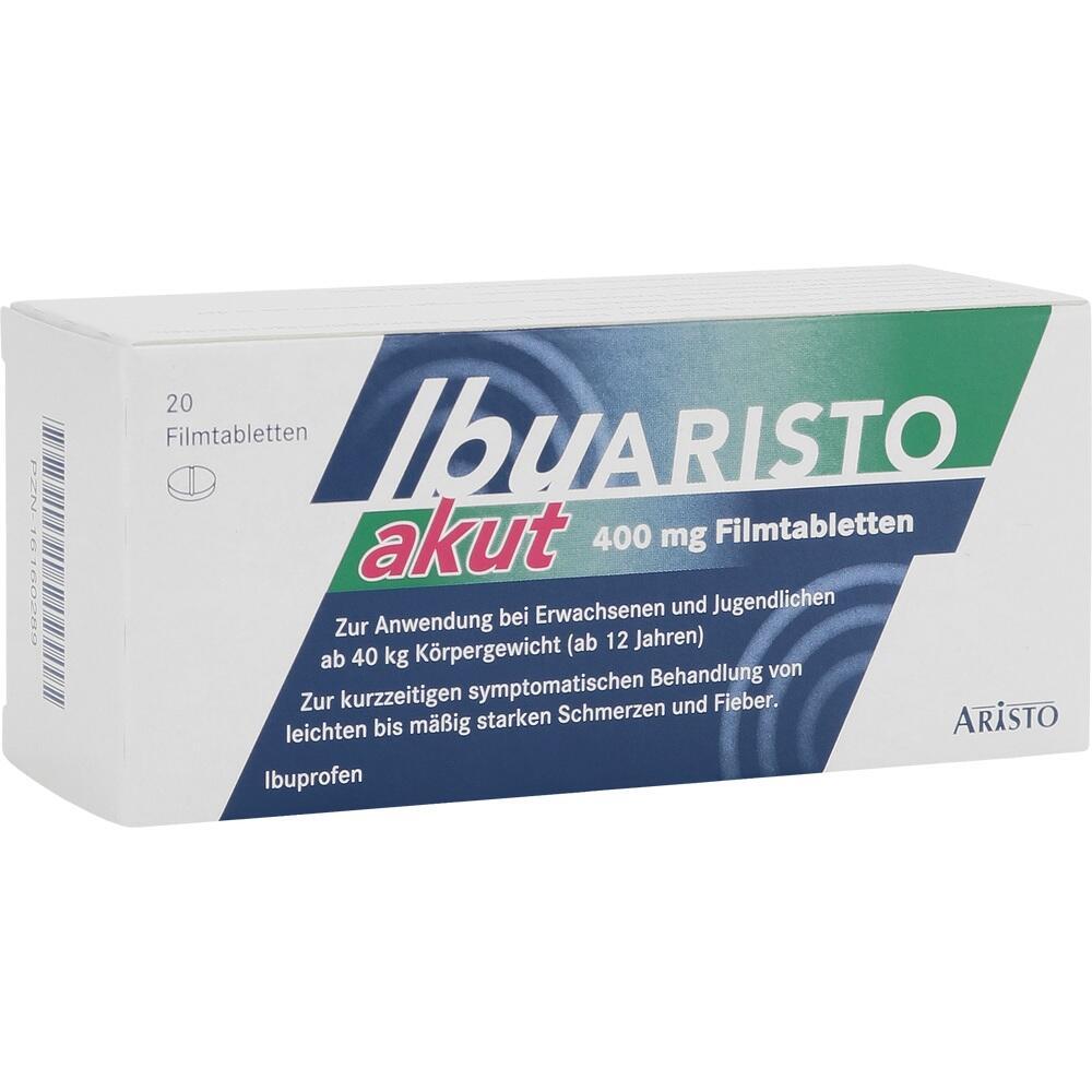 Packung mit Schmerztabletten namens IbuARISTO akut, 400 mg Ibuprofen.