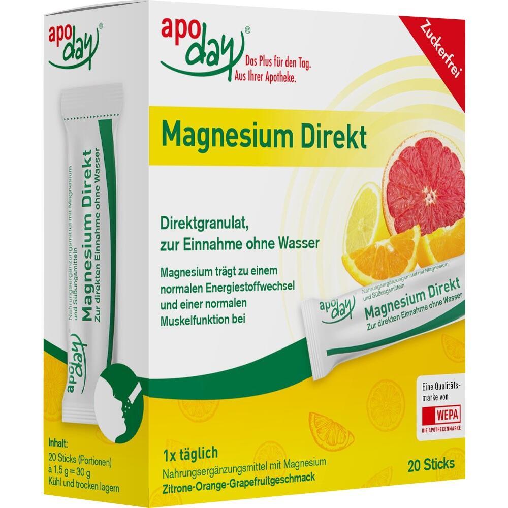 Packung von apoday Magnesium Direkt mit Zitrusfr&uuml;chten auf der Vorderseite.
