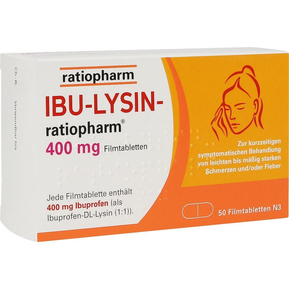 Eine Packung IBU-LYSIN Filmtabletten gegen Schmerzen und Fieber.