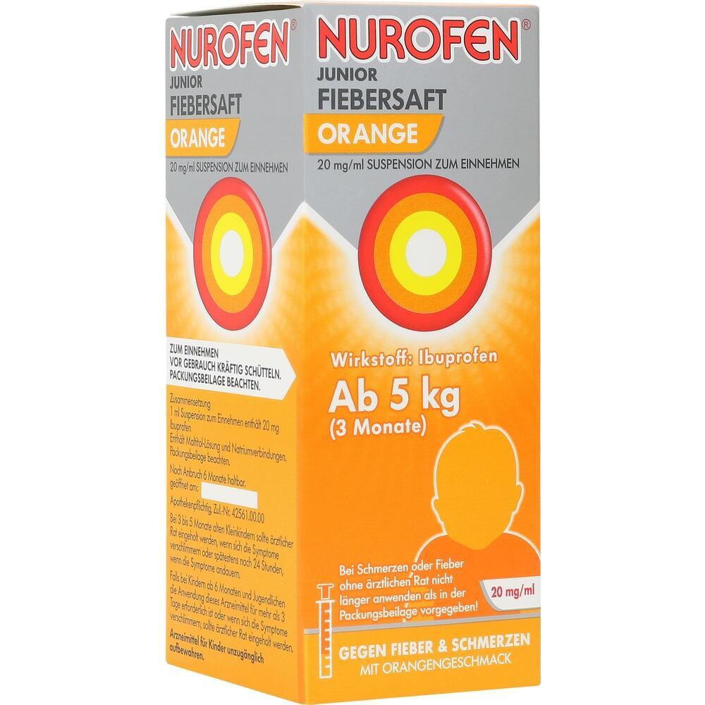 Nurofen Junior Fiebersaft Orange für Kinder ab 5 kg mit Ibuprofen und Orangengeschmack.
