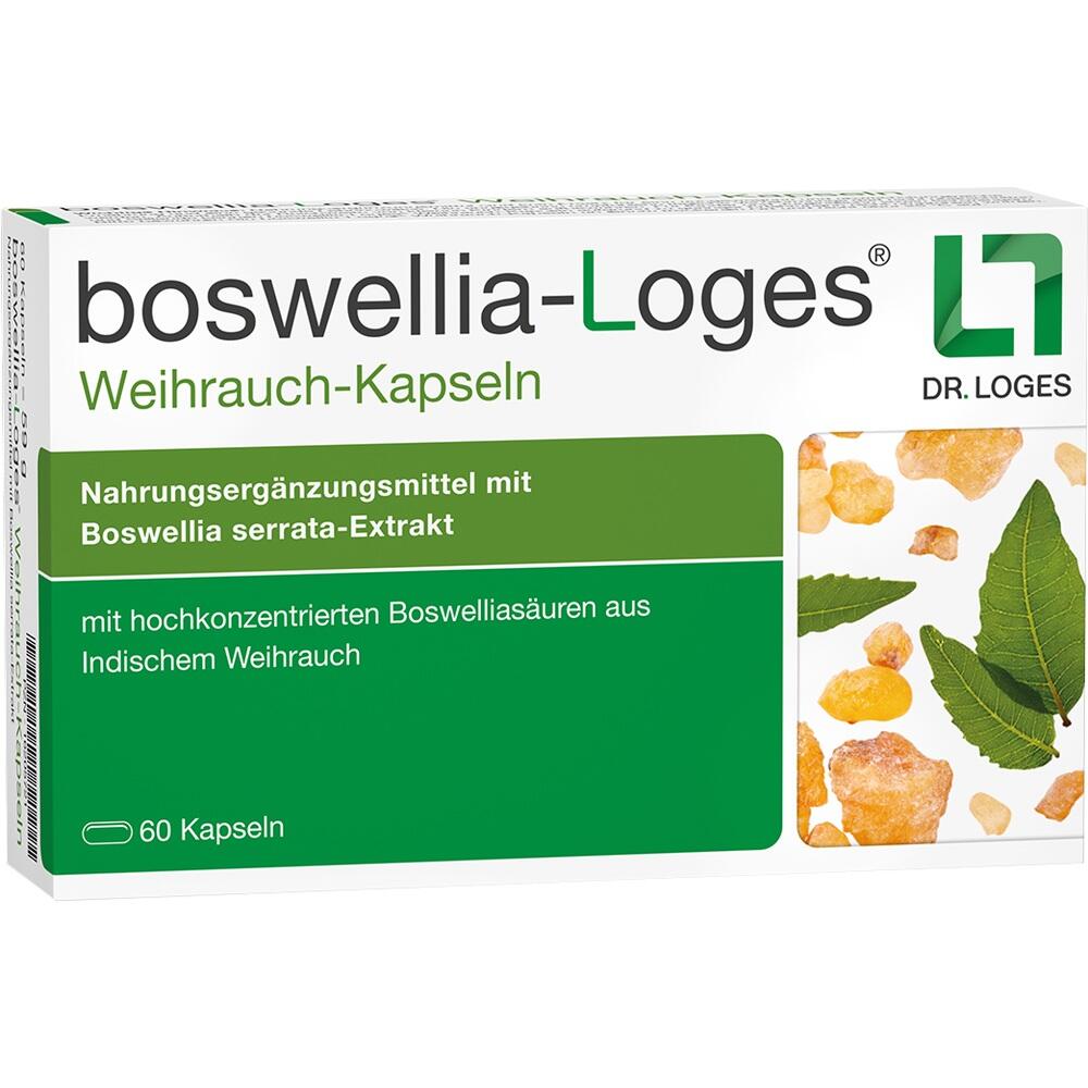 Verpackung von Weihrauch-Kapseln mit Boswellia-Extrakt und Bl&auml;ttern abgebildet.