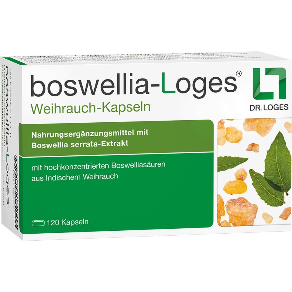 Verpackung von Boswellia-Loges Weihrauch-Kapseln mit Bildern von Weihrauch und Bl&auml;ttern.