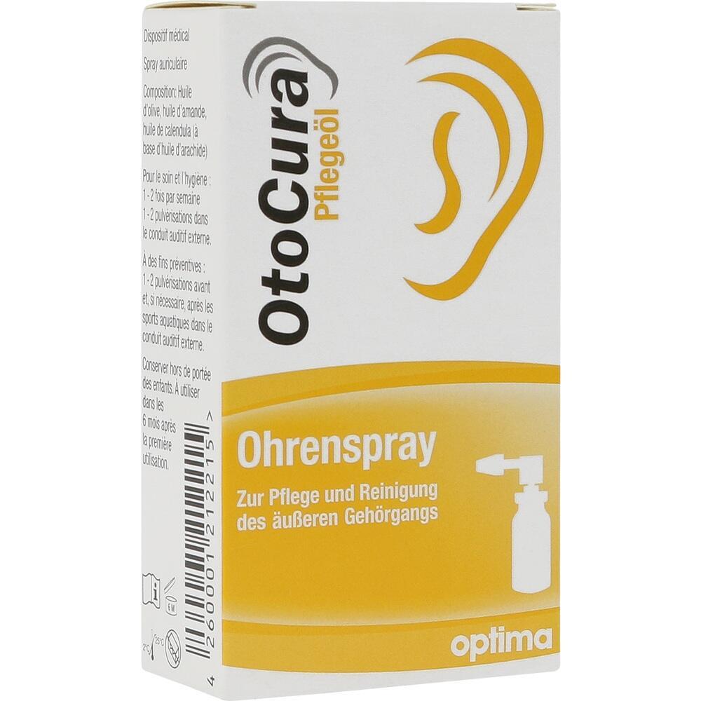 Eine gelb-wei&szlig;e Packung Ohrenspray mit Ohr-Symbol und Spr&uuml;hflasche.