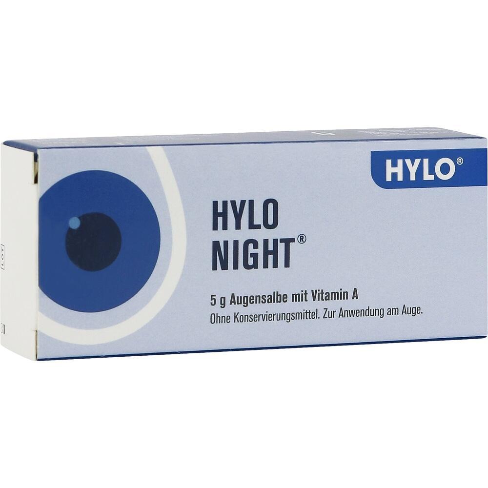 Blaue Verpackung einer Augensalbe namens Hylo Night mit Vitamin A.