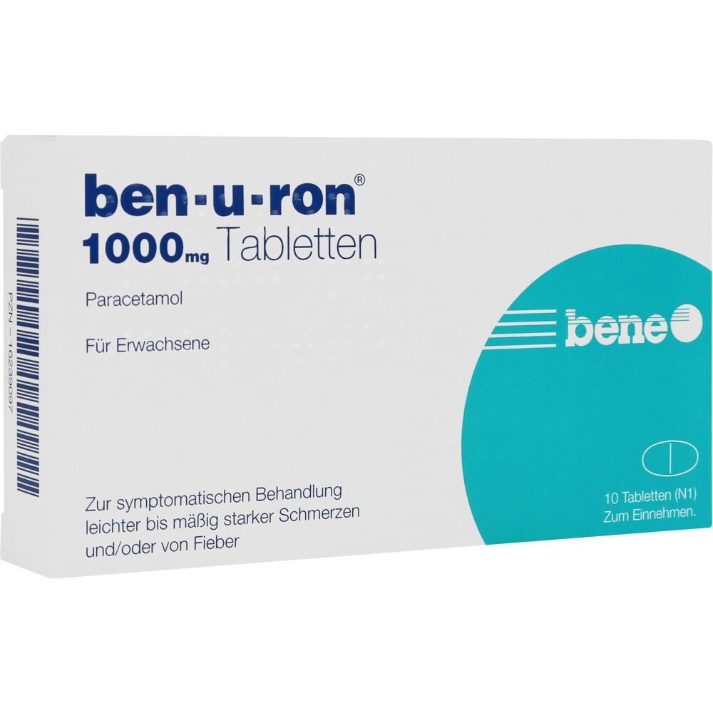 Schachtel mit ben-u-ron 1000 mg Tabletten gegen Schmerzen und Fieber.