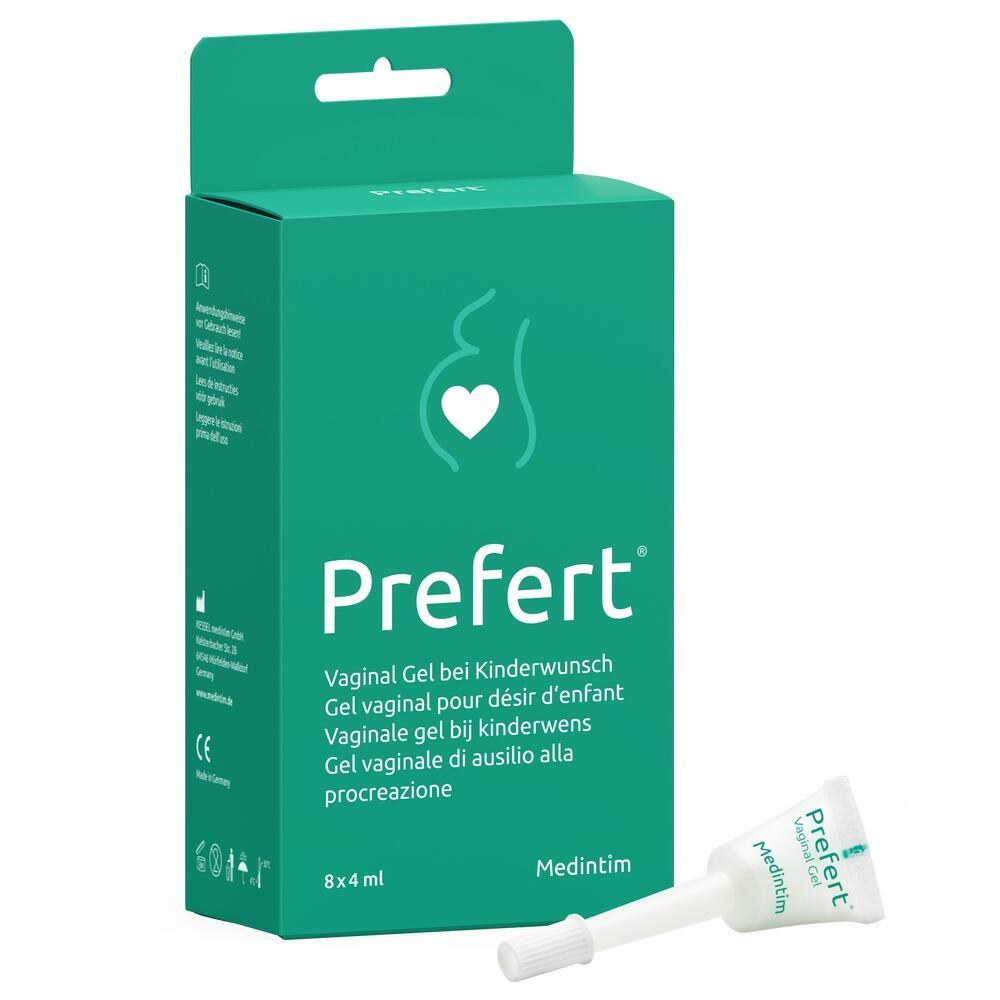 Gr&uuml;ne Packung mit der Aufschrift "Prefert", ein Vaginalgel bei Kinderwunsch.