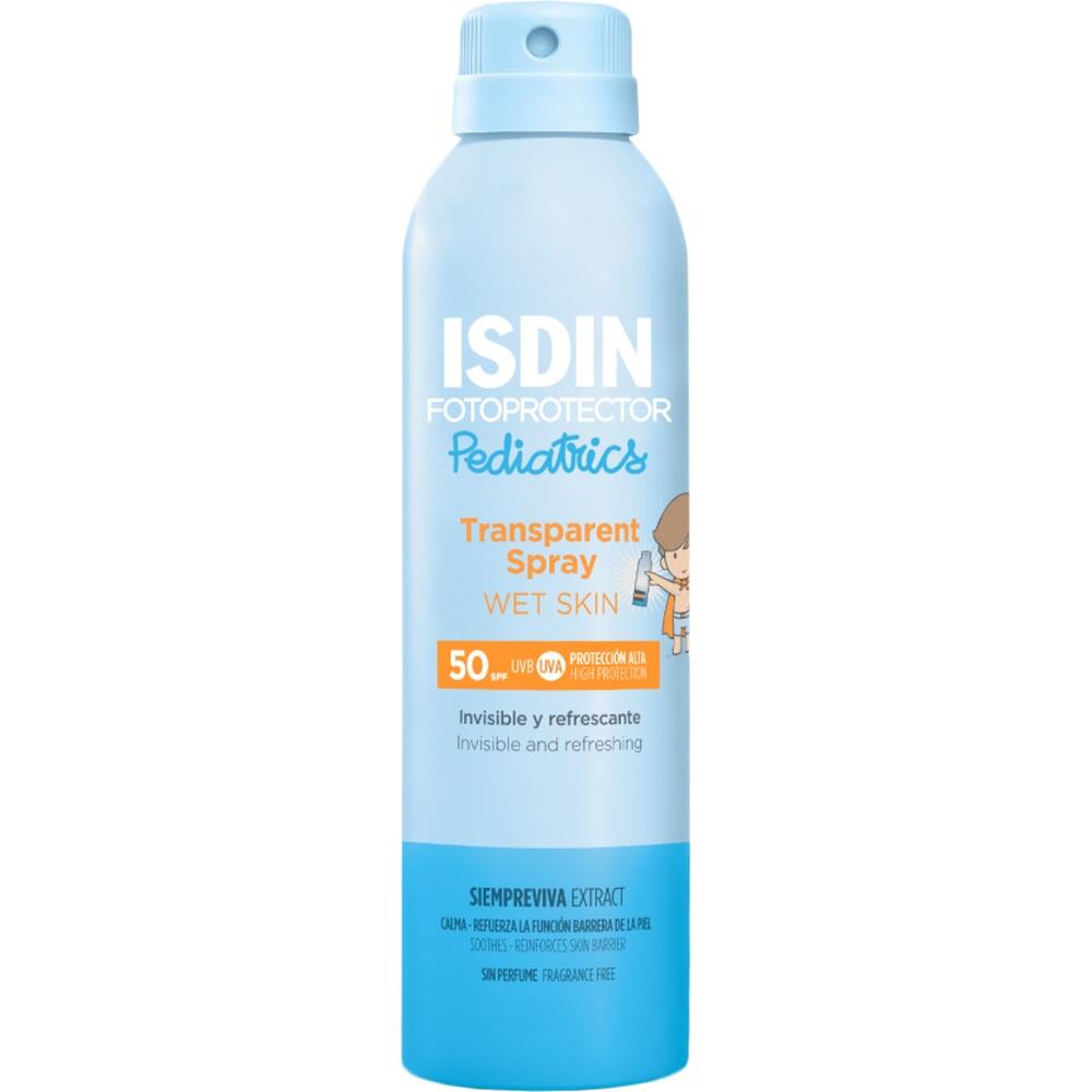 Eine Flasche transparente Sonnencreme f&uuml;r Kinder mit Lichtschutzfaktor 50.
