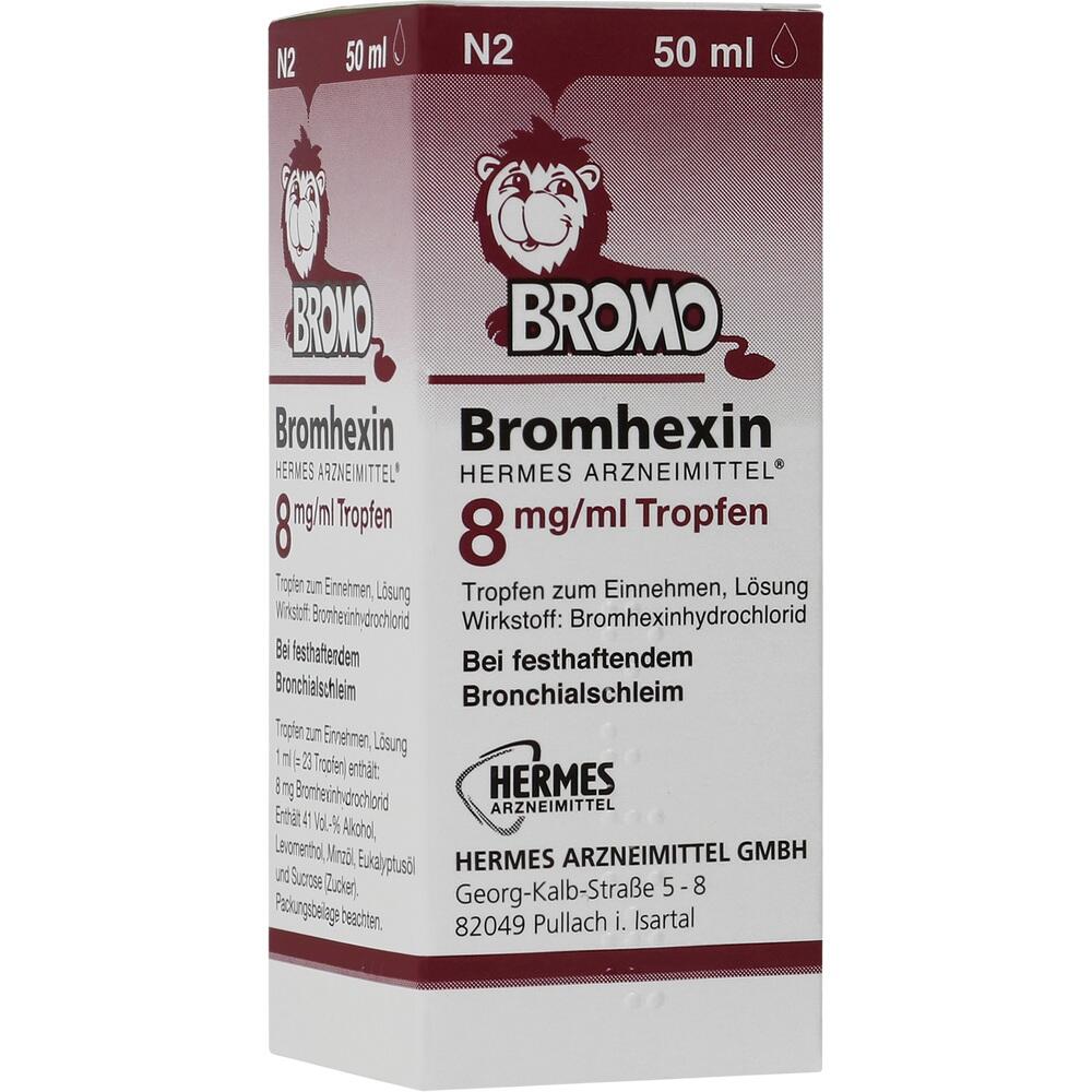 Eine weiße Medikamentenverpackung mit der Aufschrift "Bromhexin 8 mg/ml Tropfen".