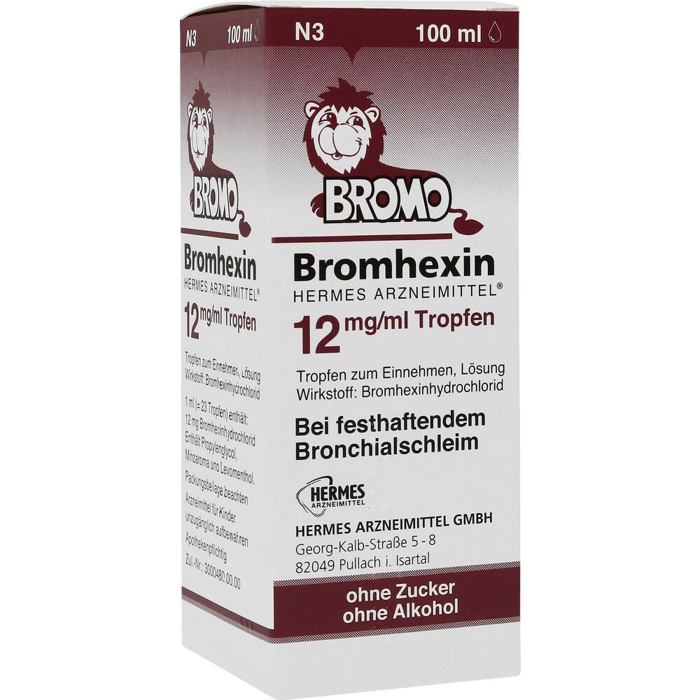Eine Packung Bromhexin-Tropfen zur Behandlung von Bronchialschleim.