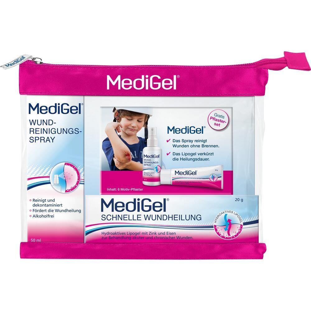 Ein Erste-Hilfe-Set mit MediGel Wundreinigungsspray und Schnellheilungslipgel.