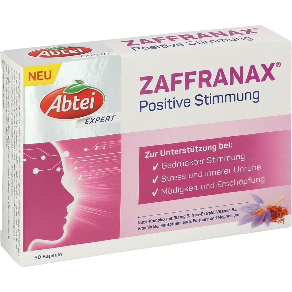 Packung von Abtei-Zaffranax für positive Stimmung und Stressbewältigung.