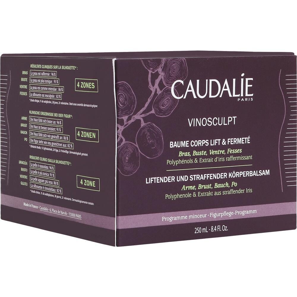 Dunkelviolette Verpackung einer Körperpflegecreme von Caudalie für straffere Haut.
