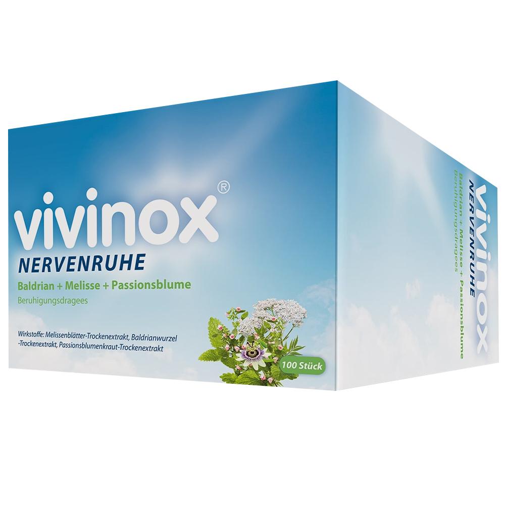 Verpackung von Vivinox Beruhigungsdragees mit Pflanzenabbildung auf blauem Hintergrund.
