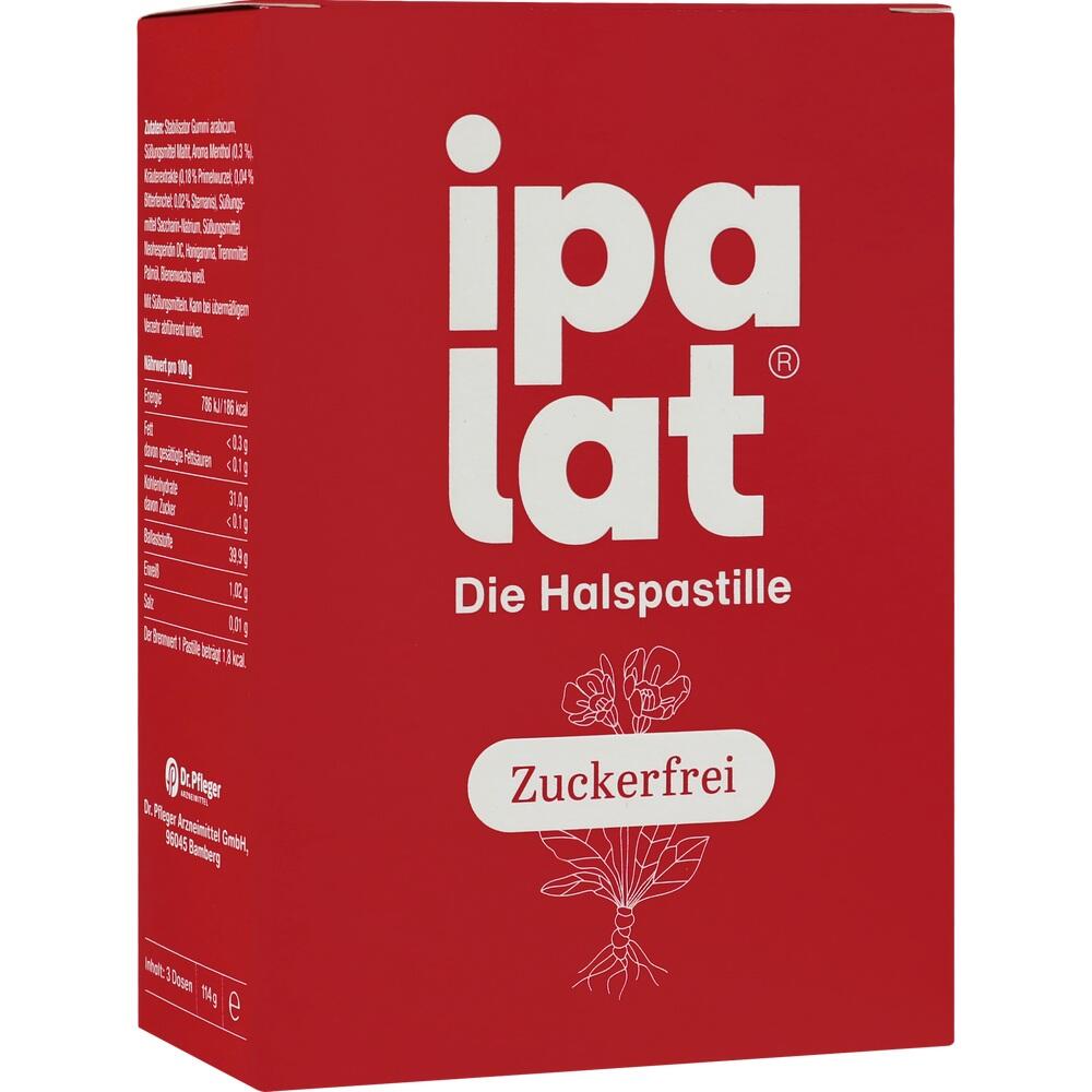 Rote Packung mit der Aufschrift "ipalat Die Halspastille, Zuckerfrei".