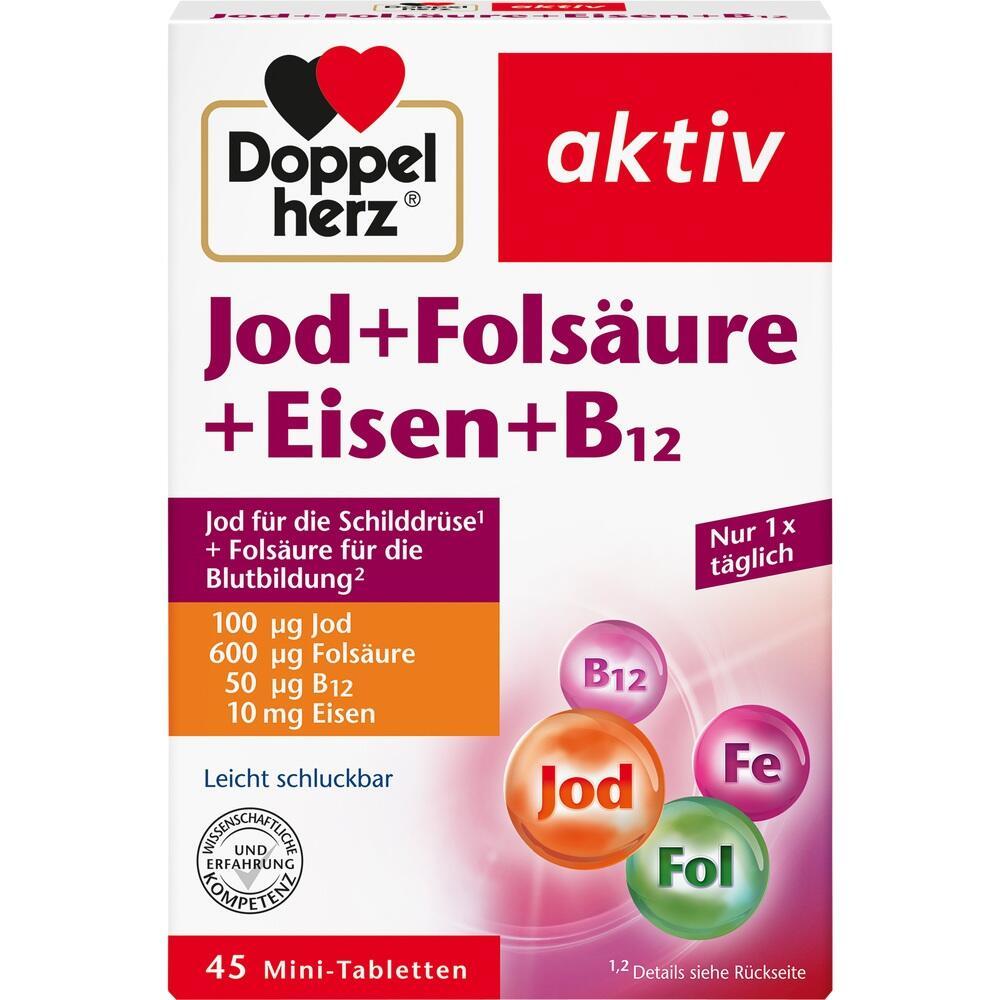 Verpackung von Vitamin- und Mineralstofftabletten mit Jod, Fols&auml;ure, Eisen und B12.