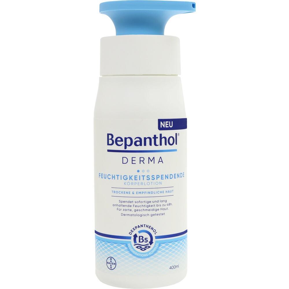 Weiße Flasche mit blauer Pumpe und der Aufschrift "Bepanthol Derma Körperlotion".