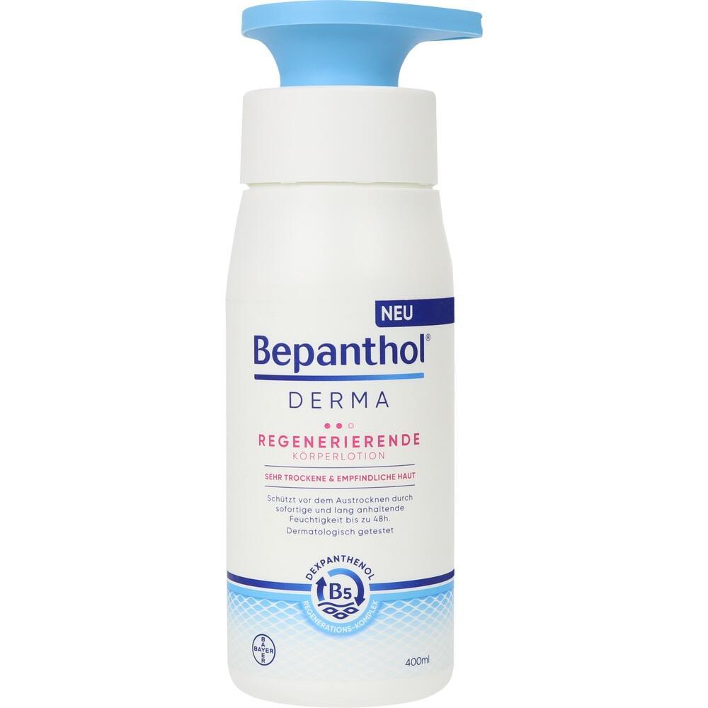 Eine Flasche Bepanthol Derma Körperlotion mit blauem Spender und weißem Etikett.