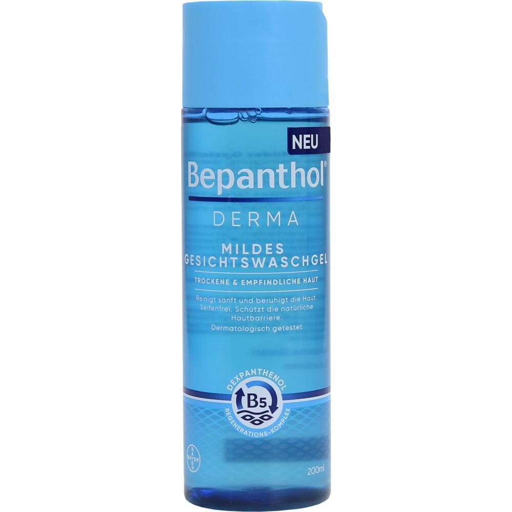 Eine blaue Flasche mit mildem Gesichtswaschgel von Bepanthol.