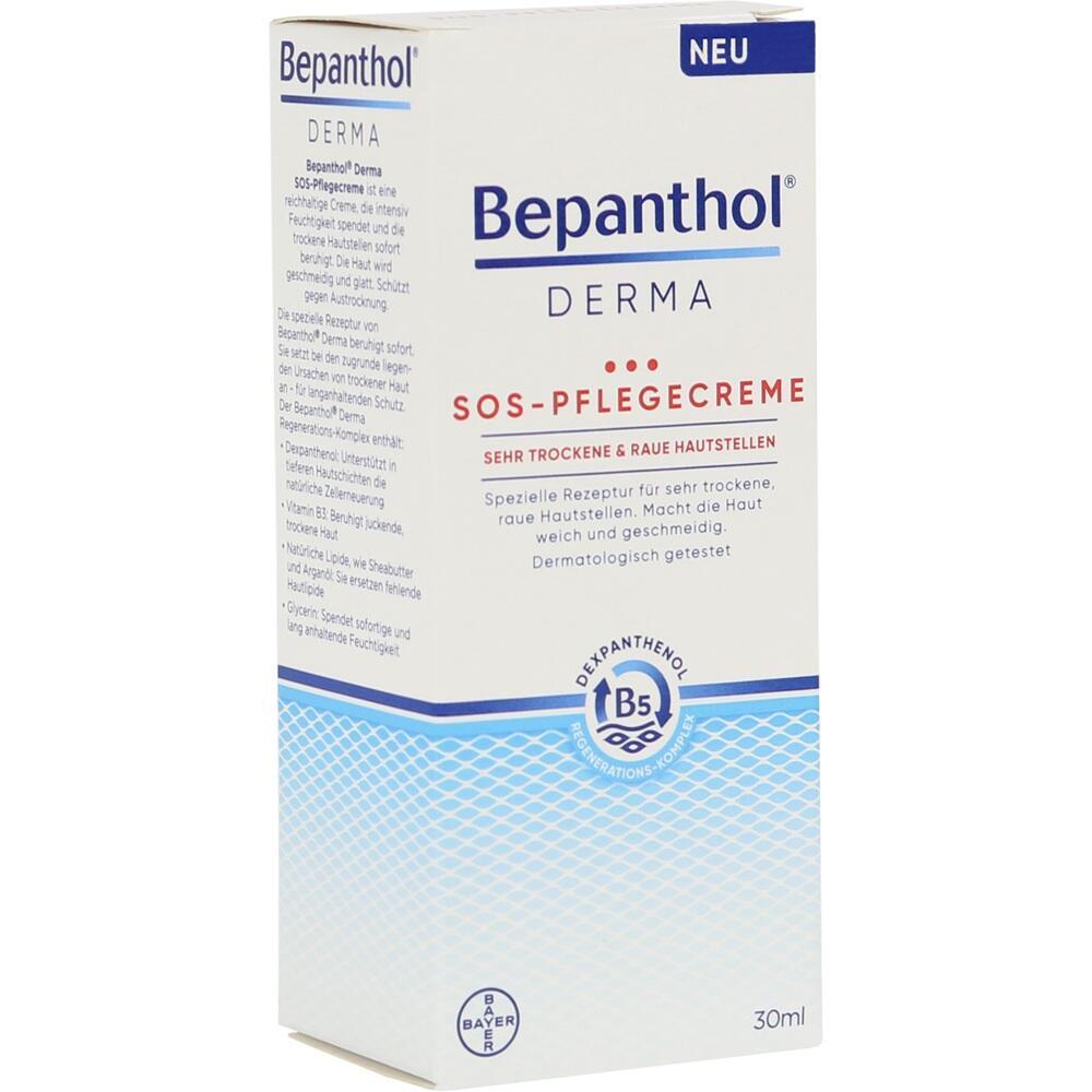 Eine Verpackung für Bepanthol SOS-Pflegecreme, geeignet für trockene und raue Haut.