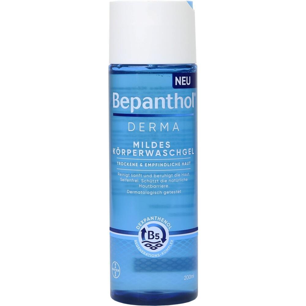 Eine blaue Flasche Bepanthol Körperwaschgel für trockene und empfindliche Haut.