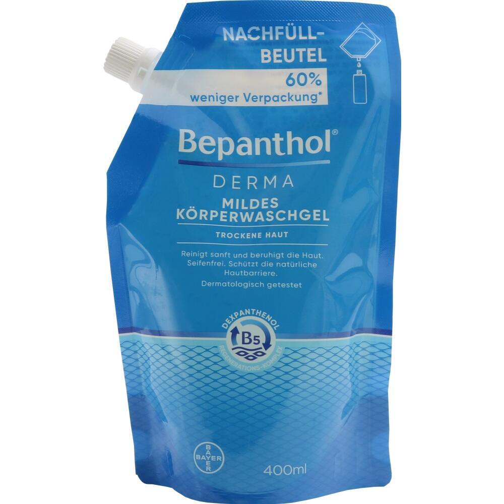 Nachfüllbeutel Bepanthen Körperwaschgel für trockene Haut, blau-weiße Verpackung, 400 ml.