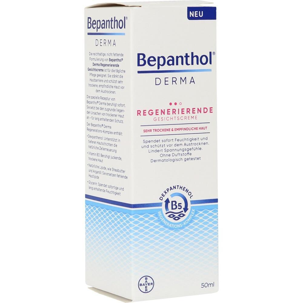 Eine Verpackung mit Bepanthol regenerierender Gesichtscreme für trockene und empfindliche Haut.