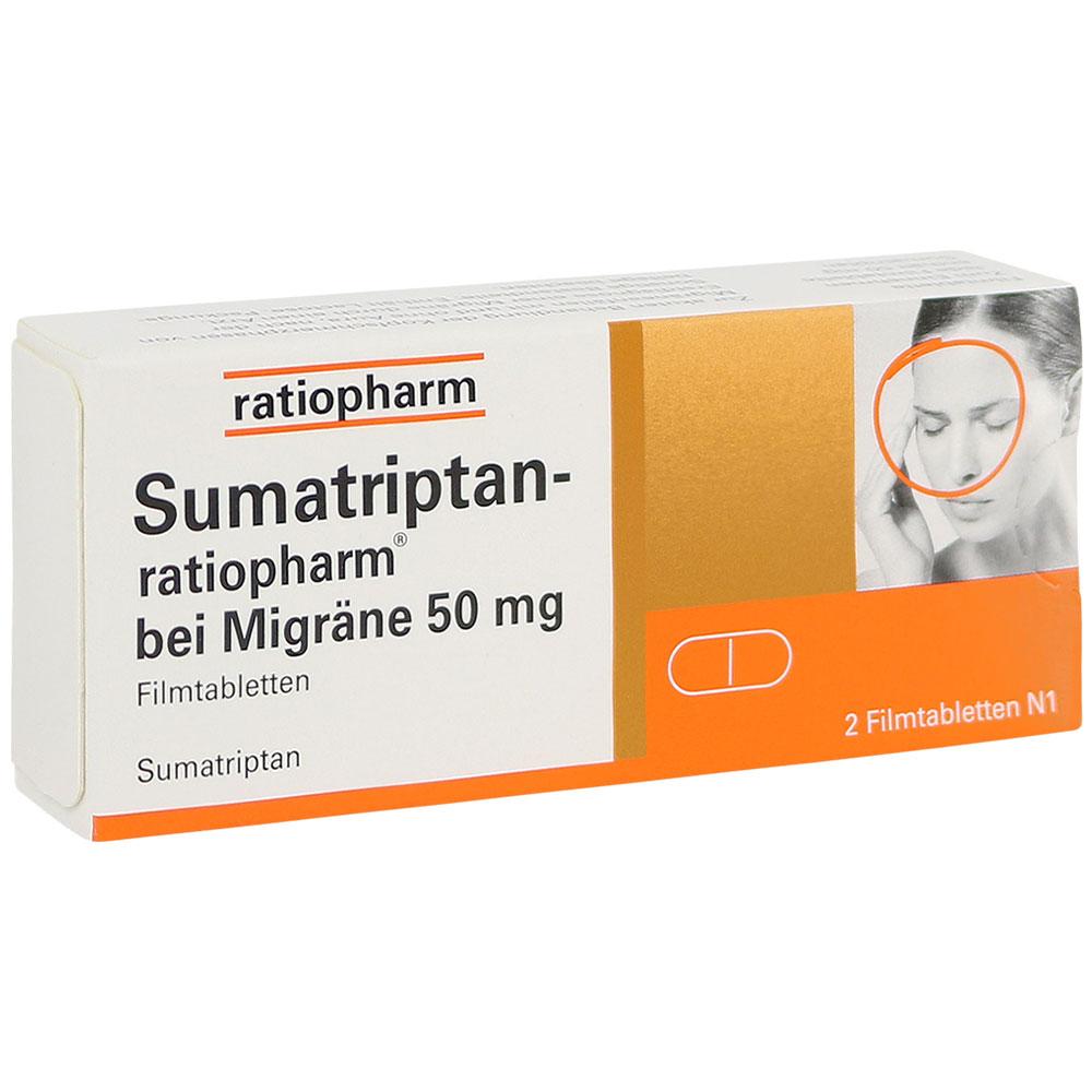 Eine Medikamentenpackung für Migränetabletten von ratiopharm.