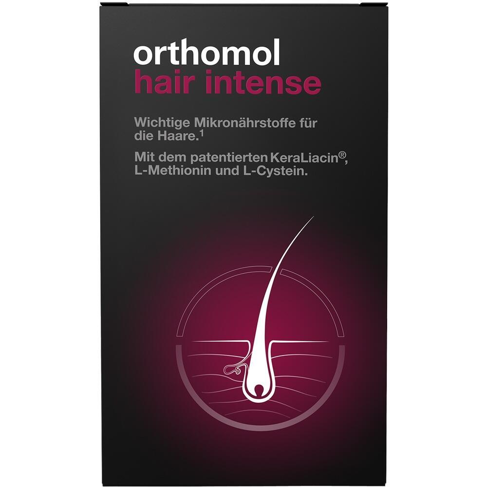 Schwarze Verpackung von Orthomol Hair Intense mit pinkem Haarwurzel-Symbol.