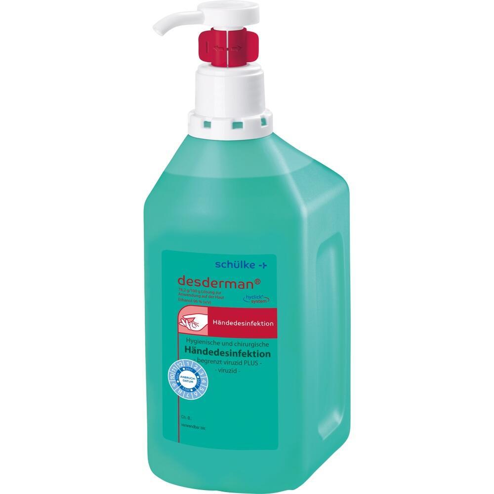 Ein gr&uuml;ner Spender mit Desinfektionsmittel und Pumpe.