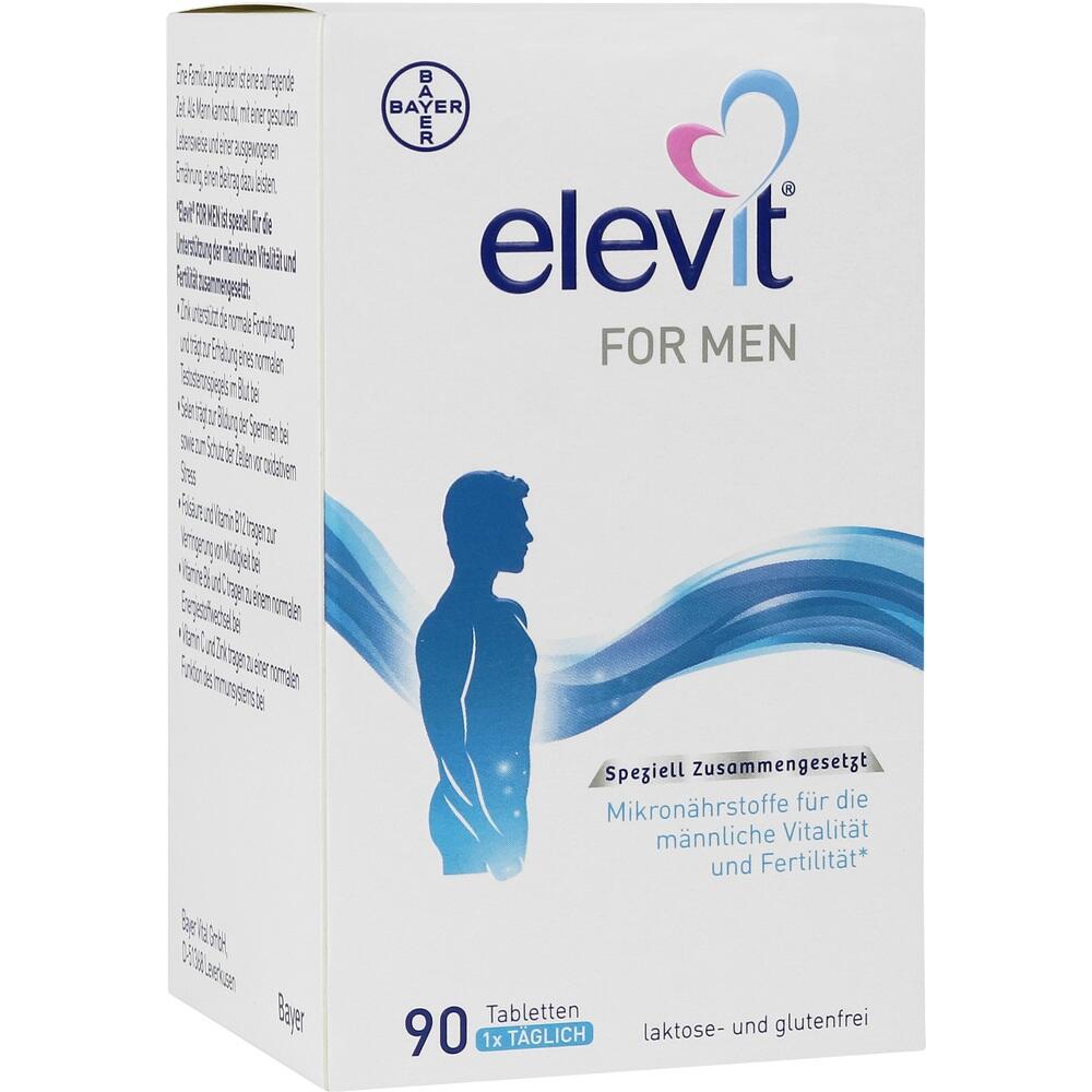 Eine Verpackung von Elevit für Männer mit 90 Tabletten und einem blauen Silhouettenbild.