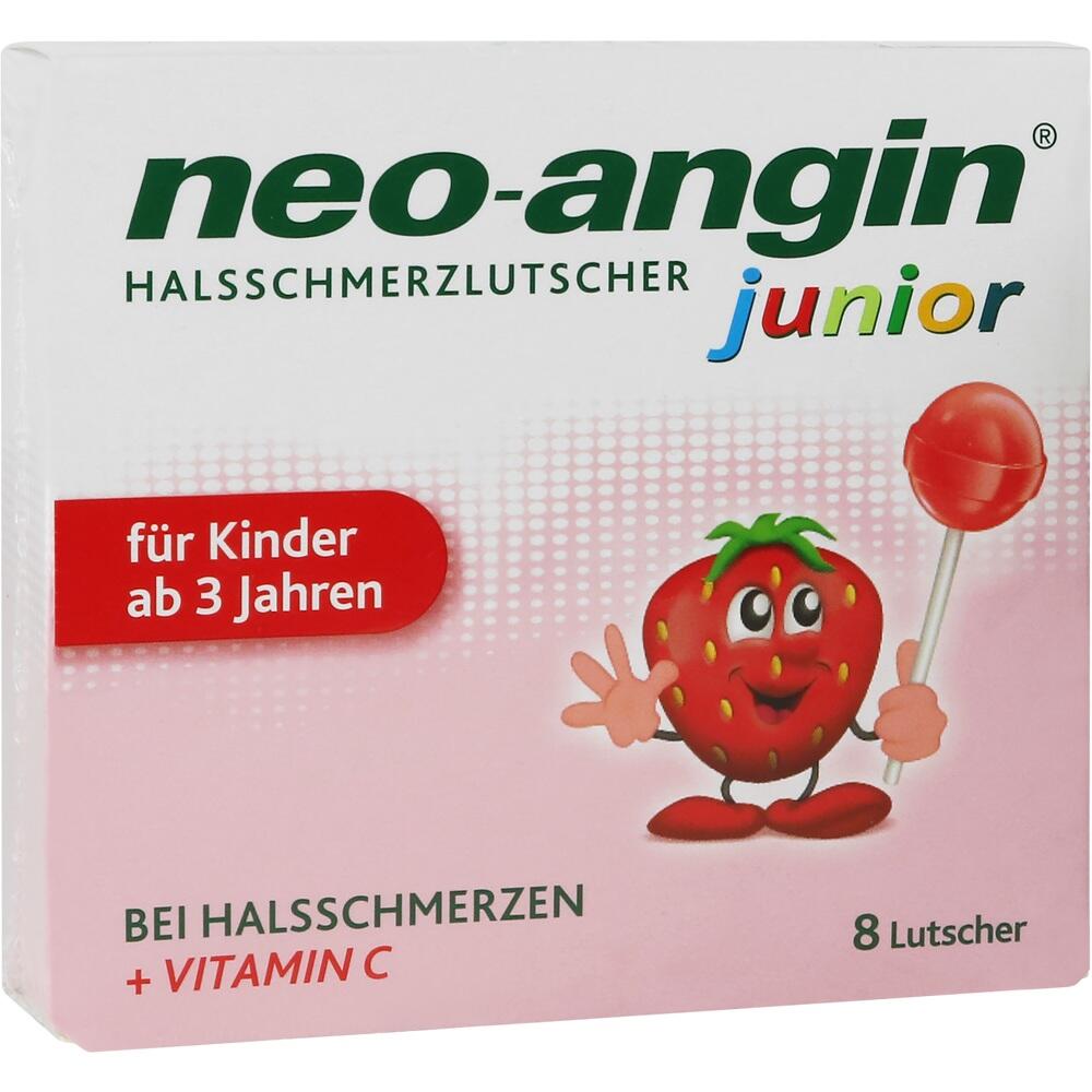 Die Packung zeigt neongrüne Halsschmerz-Lutscher für Kinder ab 3 Jahren mit Erdbeerfigur.