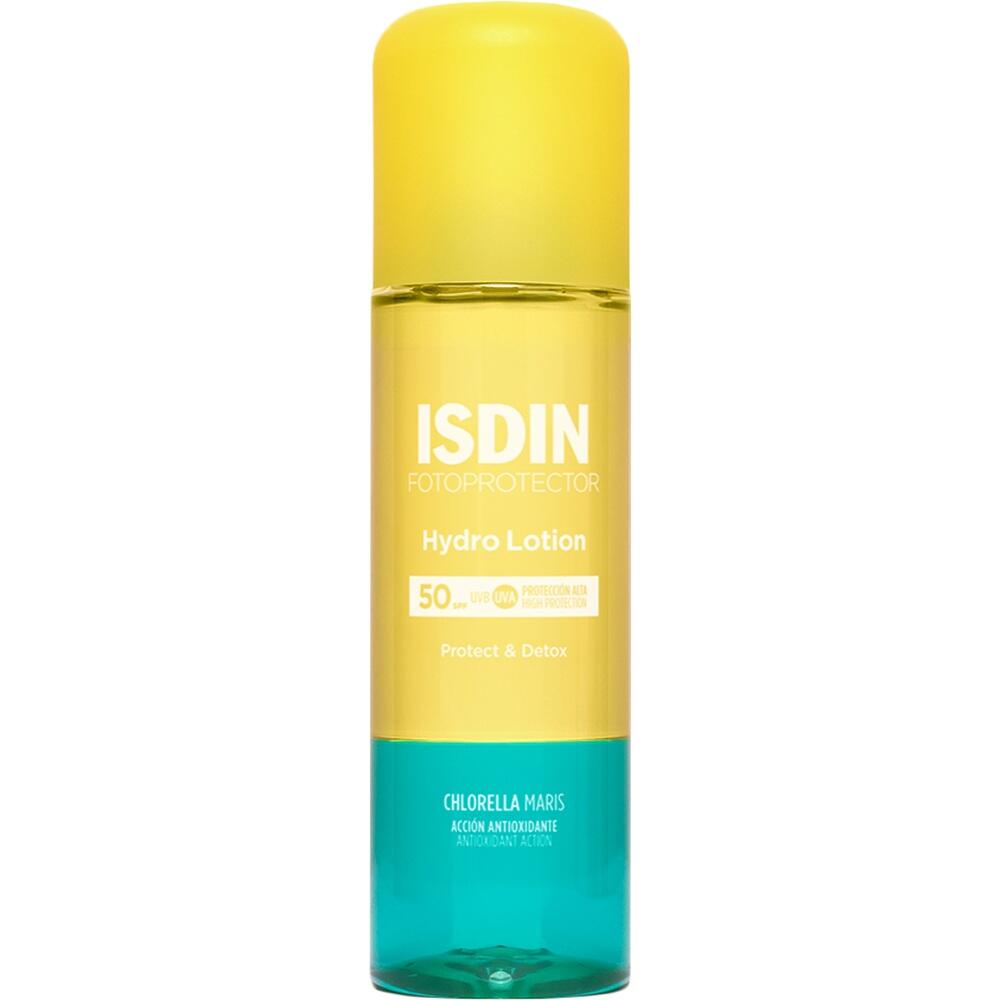 Gr&uuml;ne Flasche mit Sonnencreme von ISDIN, Lichtschutzfaktor 50.