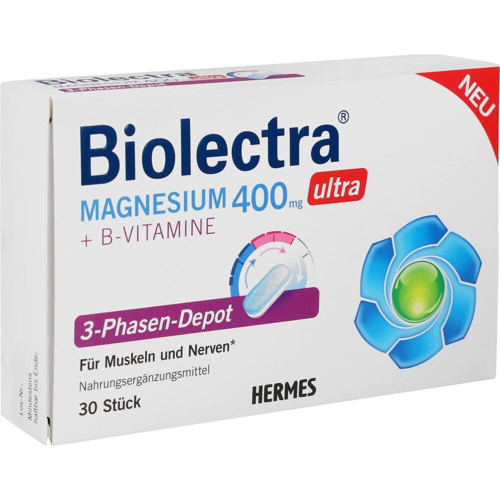 Eine Verpackung von Biolectra Magnesium 400 mg mit B-Vitaminen für Muskeln und Nerven.