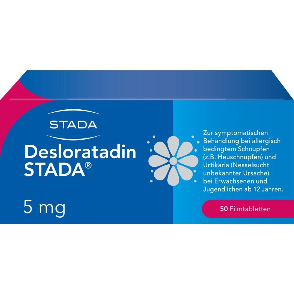 Blaue Packung von Desloratadin STADA für Allergien, enthält 50 Filmtabletten.