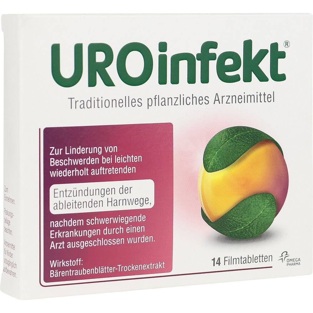 Verpackung von UROinfekt mit 14 Filmtabletten gegen Harnwegsentzündungen.