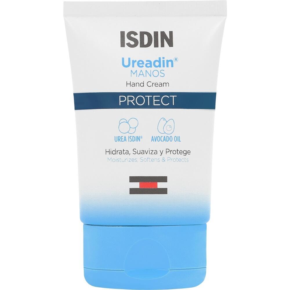Eine Handcreme-Verpackung von ISDIN mit Blau und Wei&szlig;.