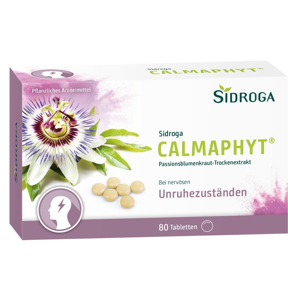 Die Verpackung zeigt Sidroga CalmPhyt Tabletten gegen Unruhe mit Passionsblume.