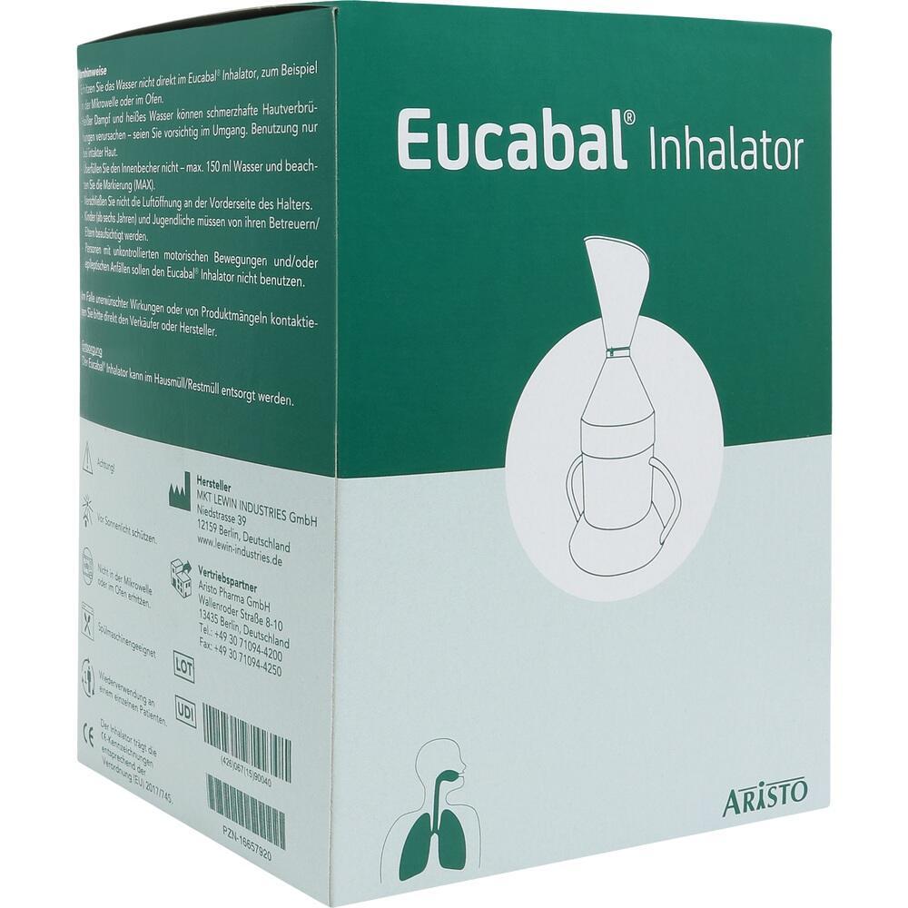 Gr&uuml;ne Verpackung mit Text "Eucabal Inhalator" und Zeichnung eines Inhalators.