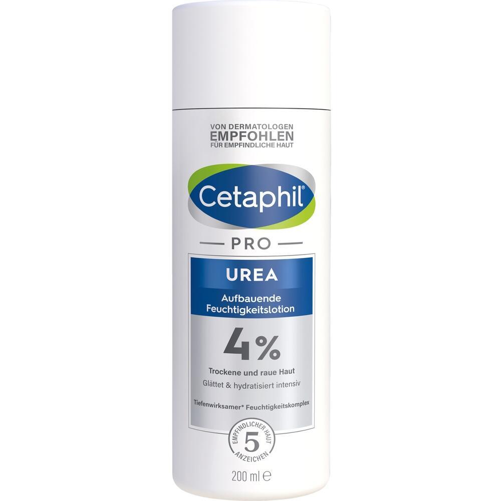 Eine Flasche Cetaphil Pro Urea Feuchtigkeitslotion für trockene Haut.