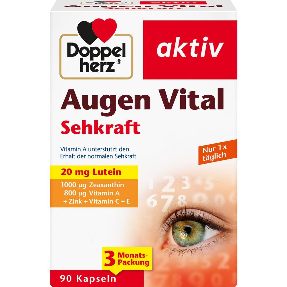 Verpackung von Augen-Vital-Kapseln zur Unterstützung der Sehkraft, mit einem Auge abgebildet.