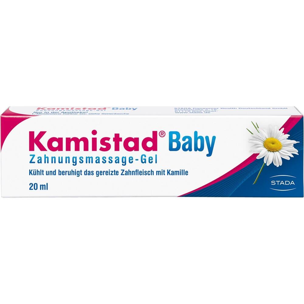 Eine Tube "Kamistad Baby" Gel zur Zahnfleischmassage für Babys mit Kamille.