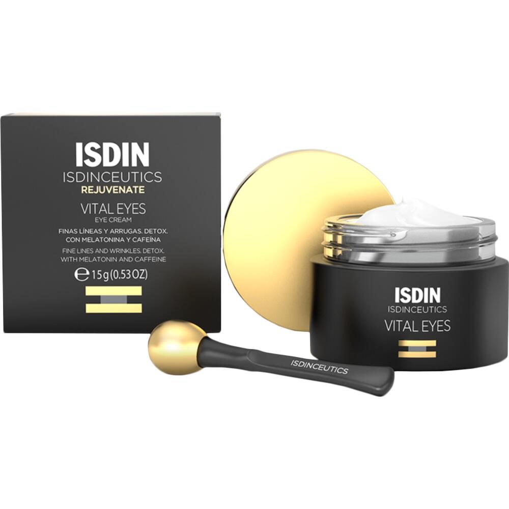 Schwarze Verpackung einer Augencreme mit Text "ISDIN Vital Eyes".