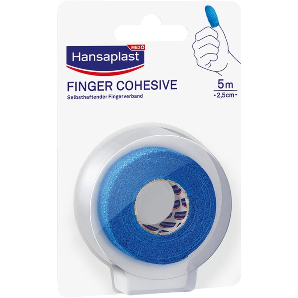 Eine blaue Rolle Fingerverband von Hansaplast in einer Kunststoffbox.