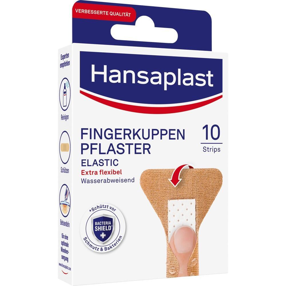 Eine Packung Hansaplast Fingerkuppenpflaster mit 10 wasserabweisenden Streifen.
