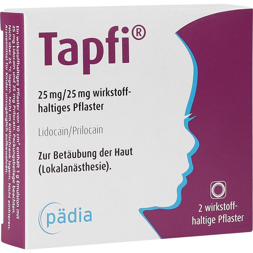 Verpackung von Tapfi-Pflastern zur Hautbet&auml;ubung mit Lidocain/Prilocain.
