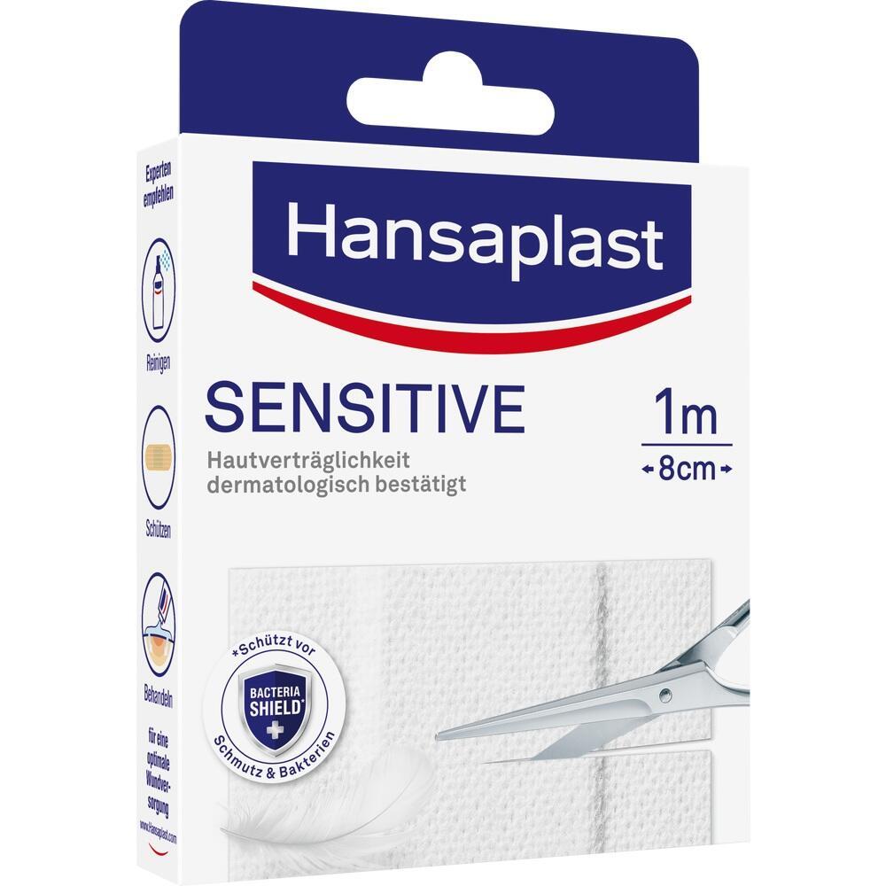 Eine Packung Hansaplast Sensitive Pflaster, dermatologisch getestet, in Weiß.