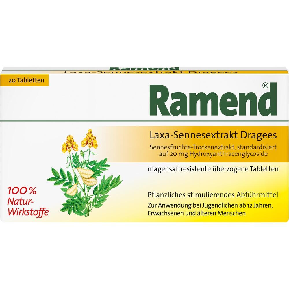 Packung mit Ramend Laxa-Sennesextrakt Tabletten zur Verdauungsunterst&uuml;tzung.