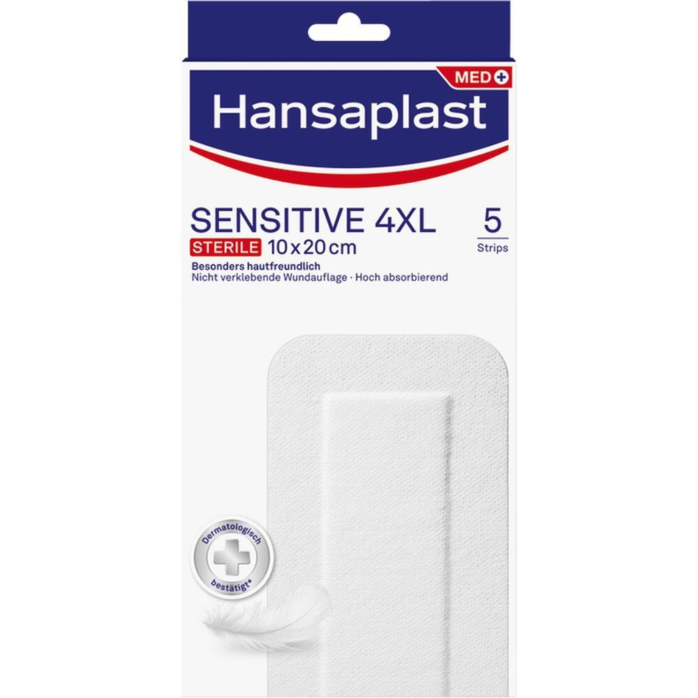 Verpackung von Hansaplast Sensitive 4XL Pflastern, hautfreundlich und steril.