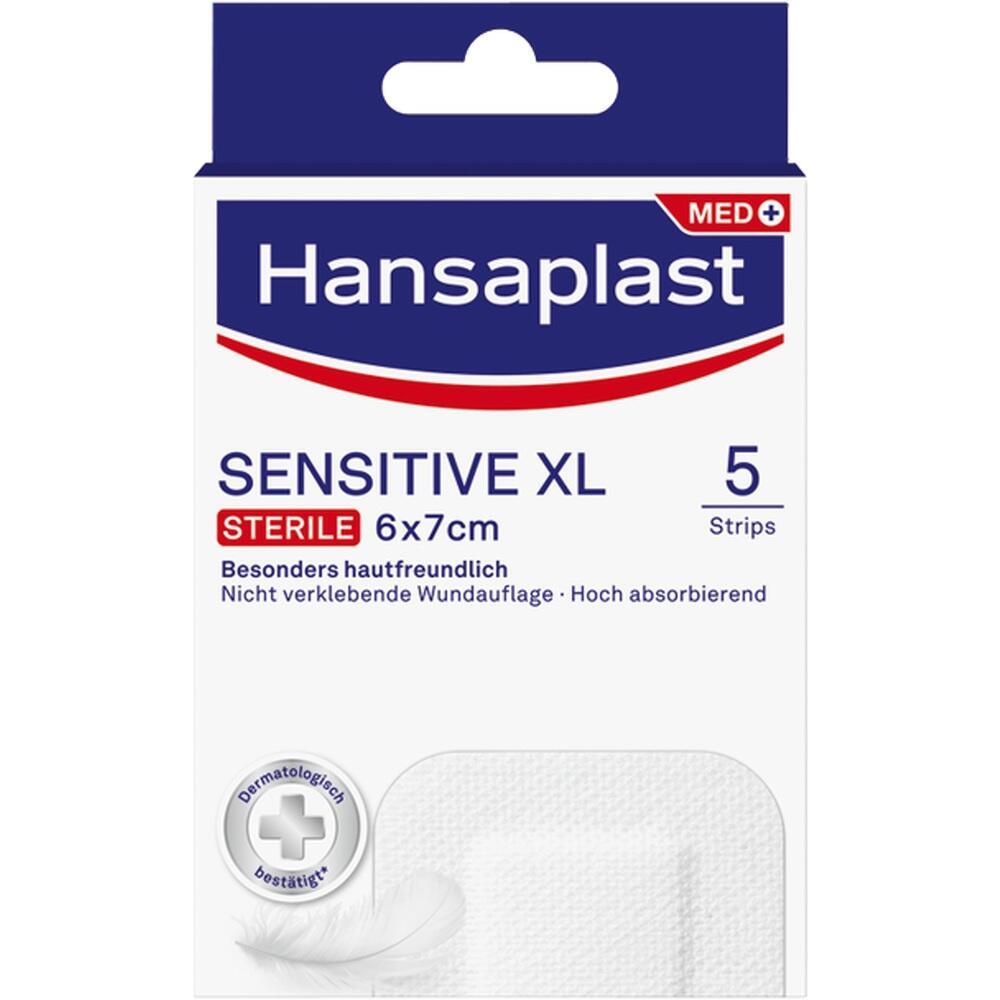 Eine Packung Hansaplast Sensitive XL Pflaster in der Größe 6x7 cm.